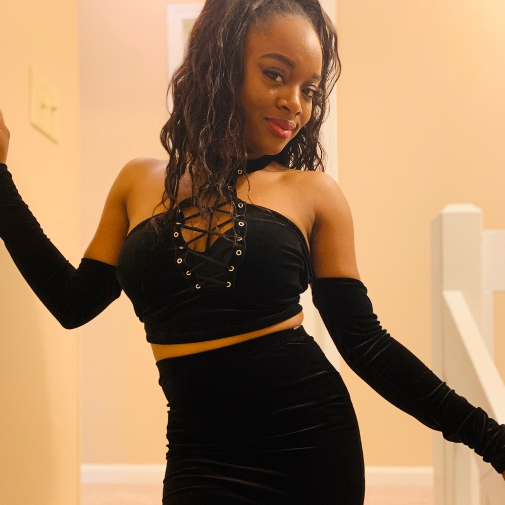 Black velvet crop and skirt set